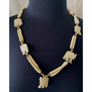 Vtg 15in Ivory Beaded Carved Elephants Pendant Statement Necklace Tribal Jewelry